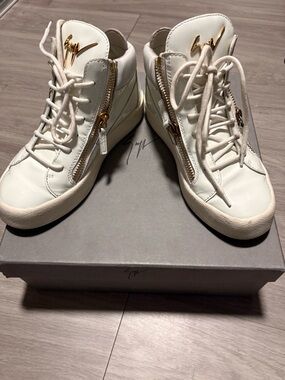 Giuseppe Zanotti White Leather High-Top Sneakers with Gold Hardware